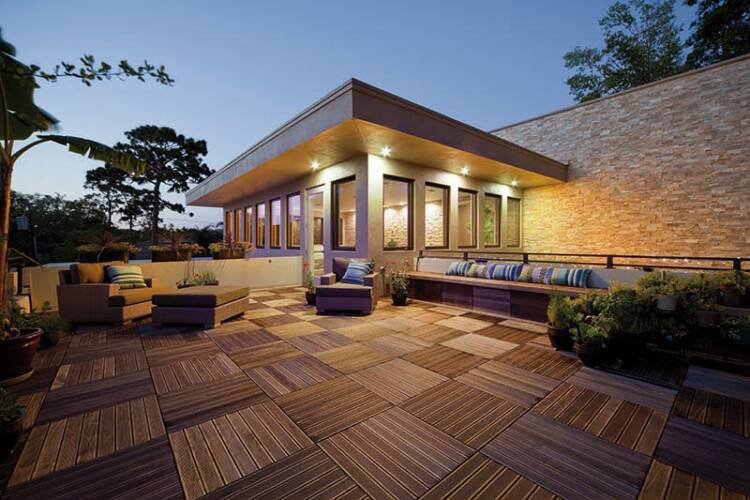 Bison Innovative Products - Adjustable Rooftop Deck Support System - Residential Rooftop Deck in Florida Cozy Parquet Wood Tile Rooftop Deck